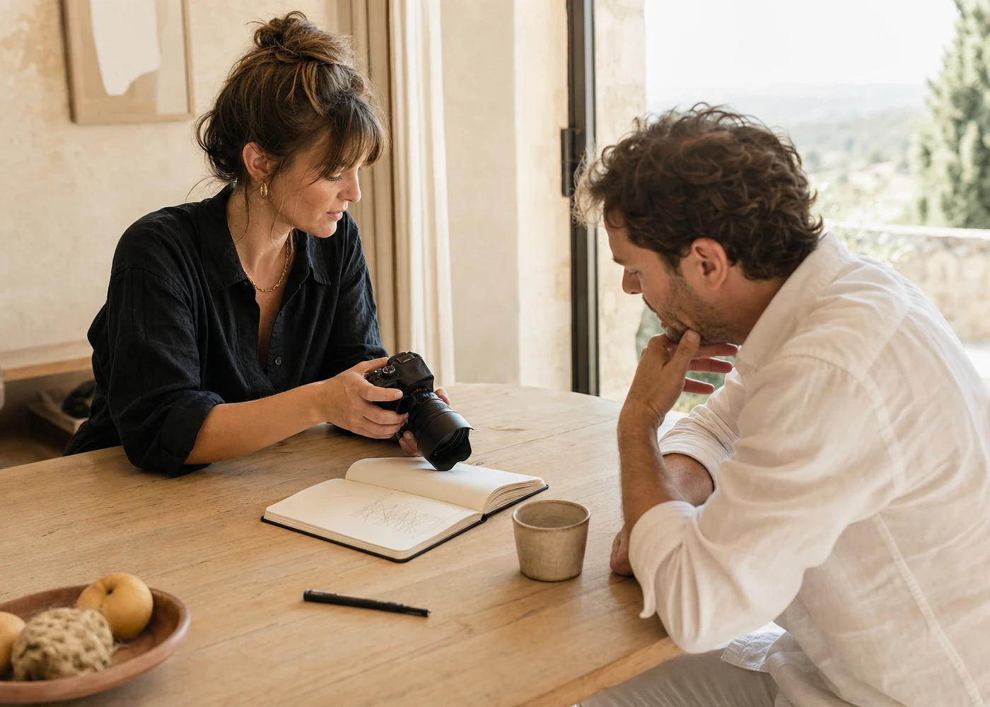 Scène illustrative d'une conversation de préparation entre une photographe et un client autour d'un appareil photo et d'un carnet.