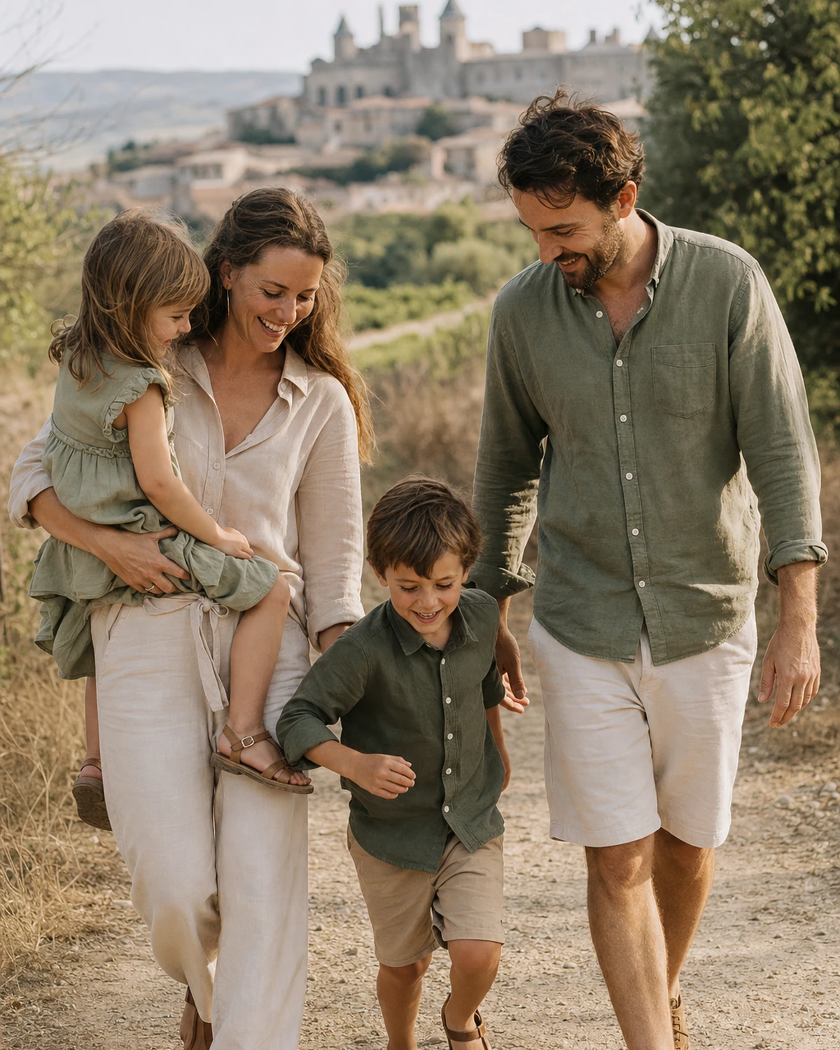 Escena ilustrativa de una familia fotografiada al aire libre cerca de Carcasona, padres e hijos, luz natural.