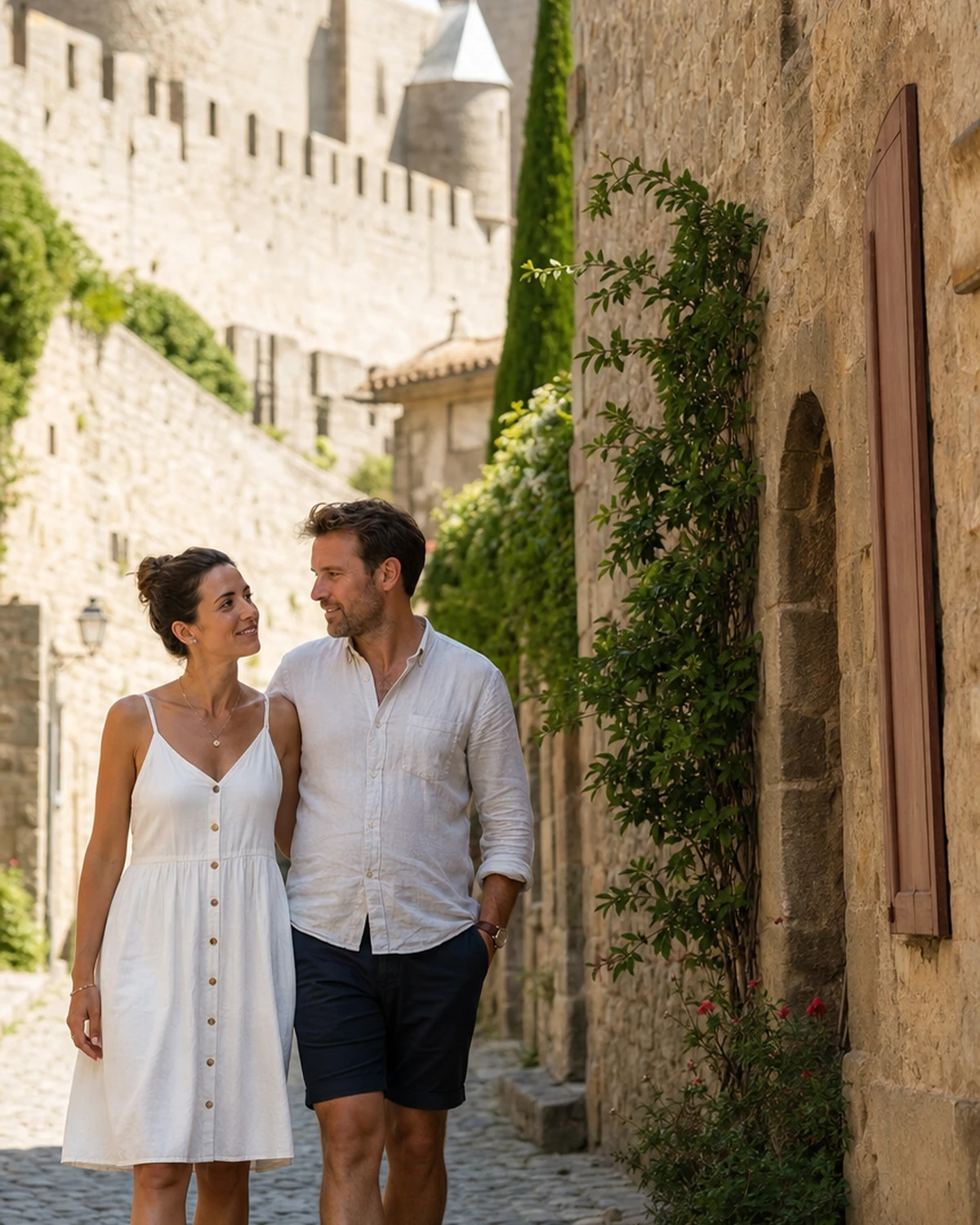 Escena ilustrativa de una pareja de viajeros paseando por una calle histórica de Carcasona, en un ambiente veraniego.