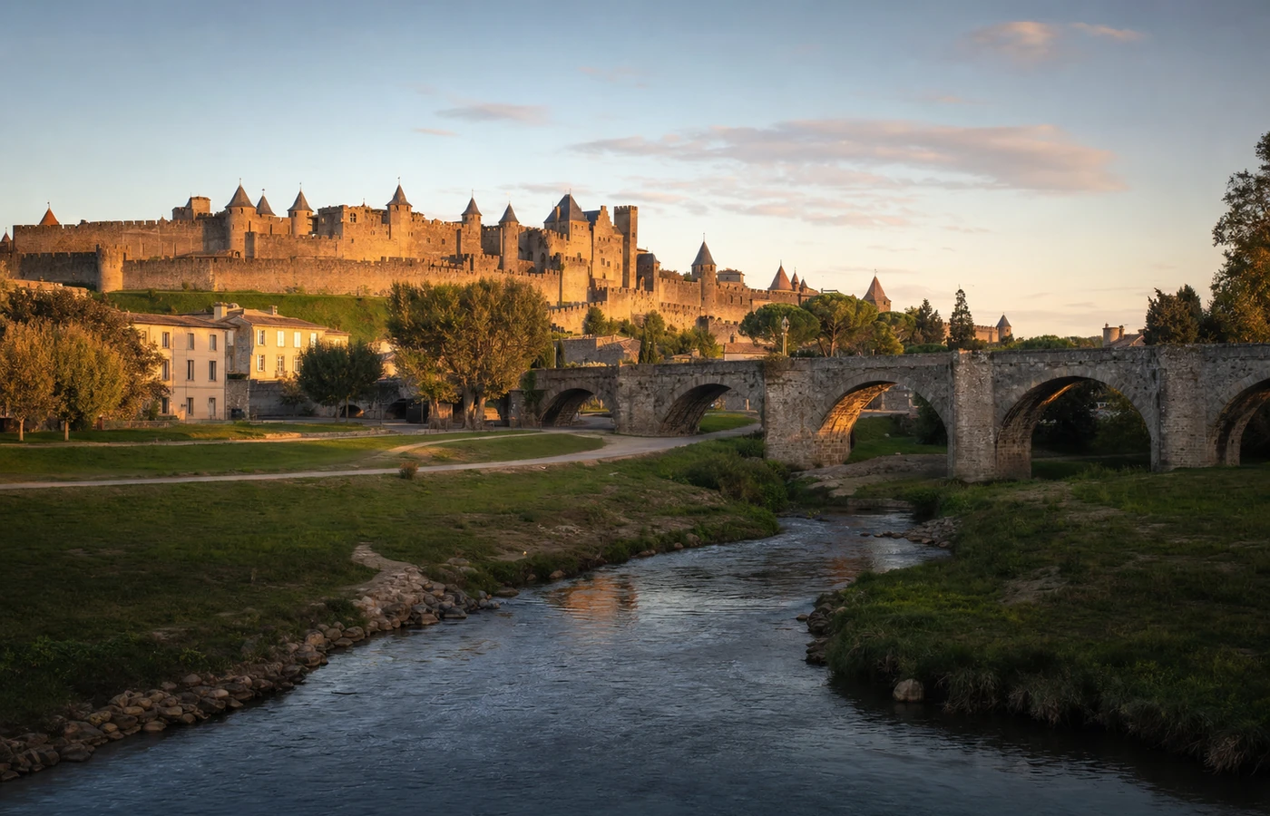 Escena ilustrativa de la Ciudad medieval de Carcasona vista desde las orillas, piedra cálida y reflejos en el agua.