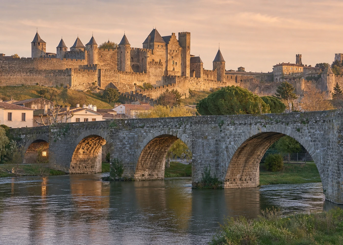 Illustrative scene of the Pont Vieux and the medieval city of Carcassonne in the background, late afternoon light.