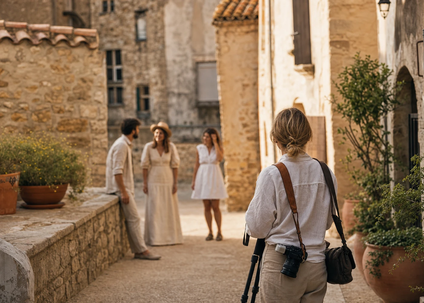 Illustrative scene of a group photo shoot in a stone setting in Carcassonne, natural light, friendly atmosphere.