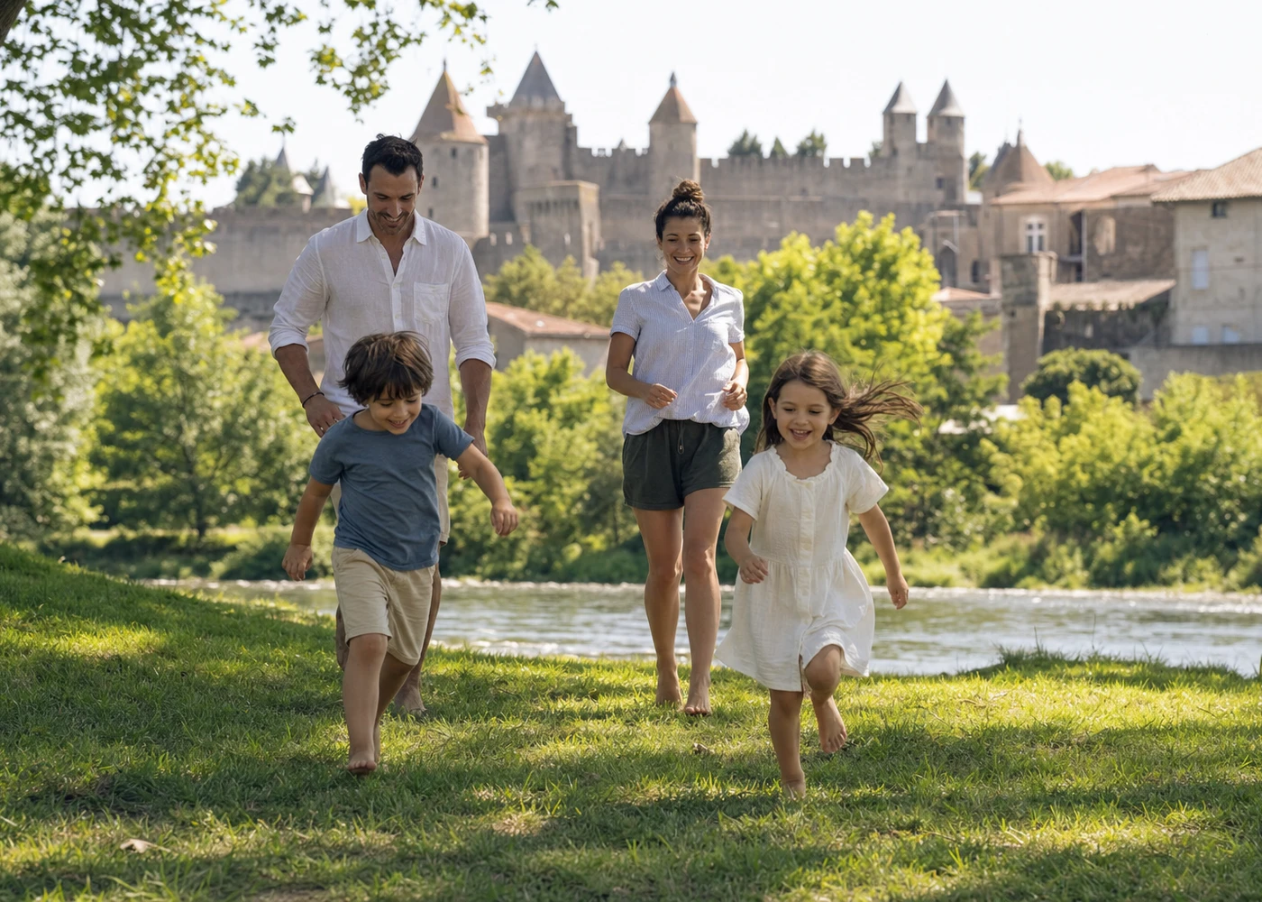 Scène illustrative d'une famille photographiée en extérieur, parents et enfants, lumière naturelle, décor de campagne.