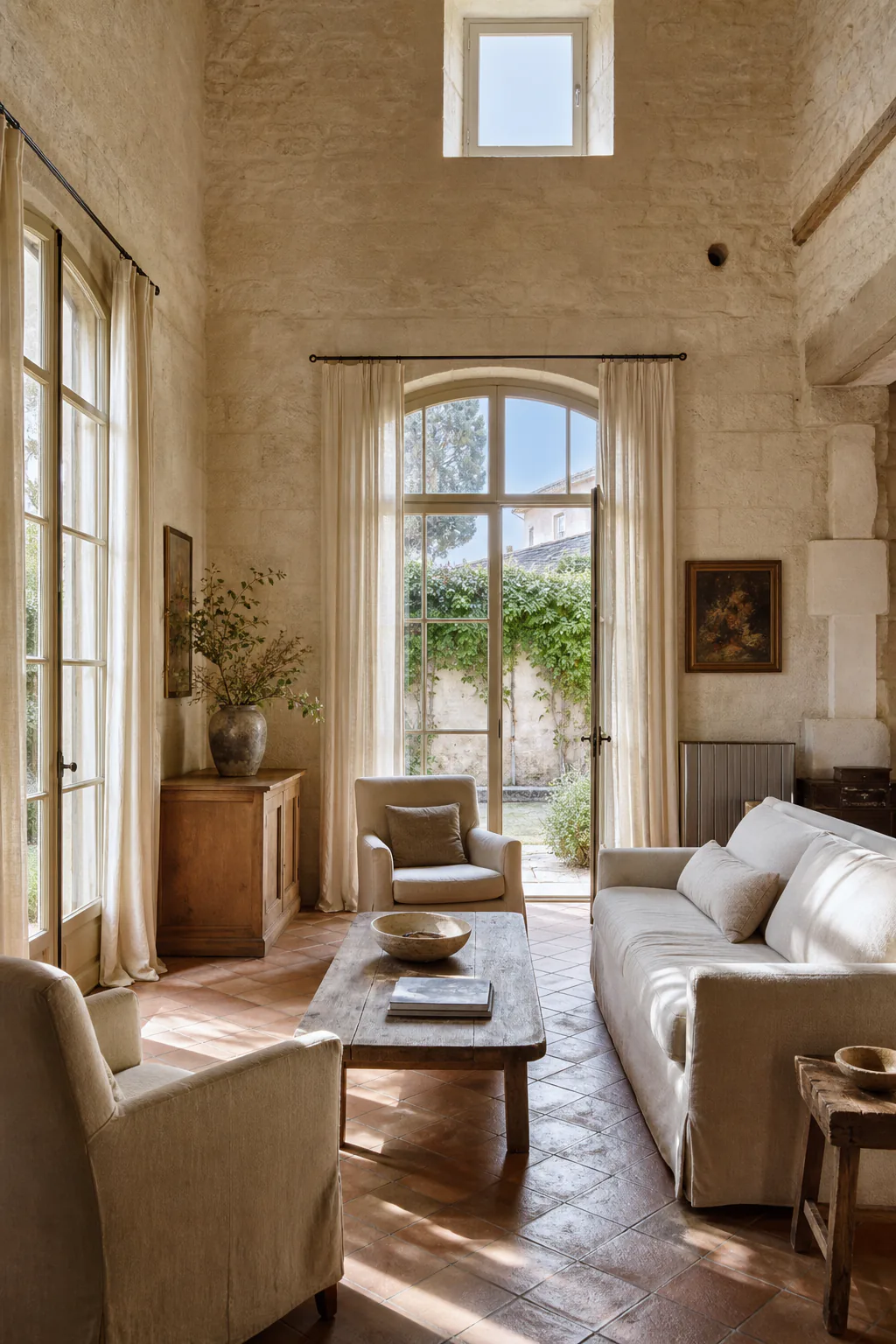 Illustrative scene of a bright living room in an Aude stone house, with open space and natural light.