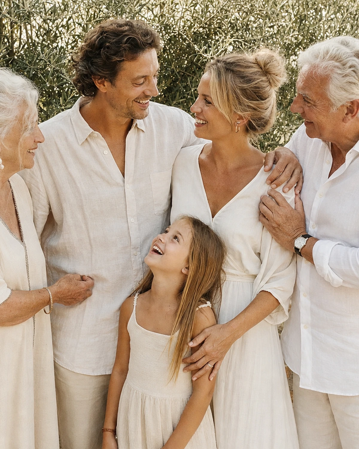Illustrative scene of three generations of a family gathered in a garden near Carcassonne.