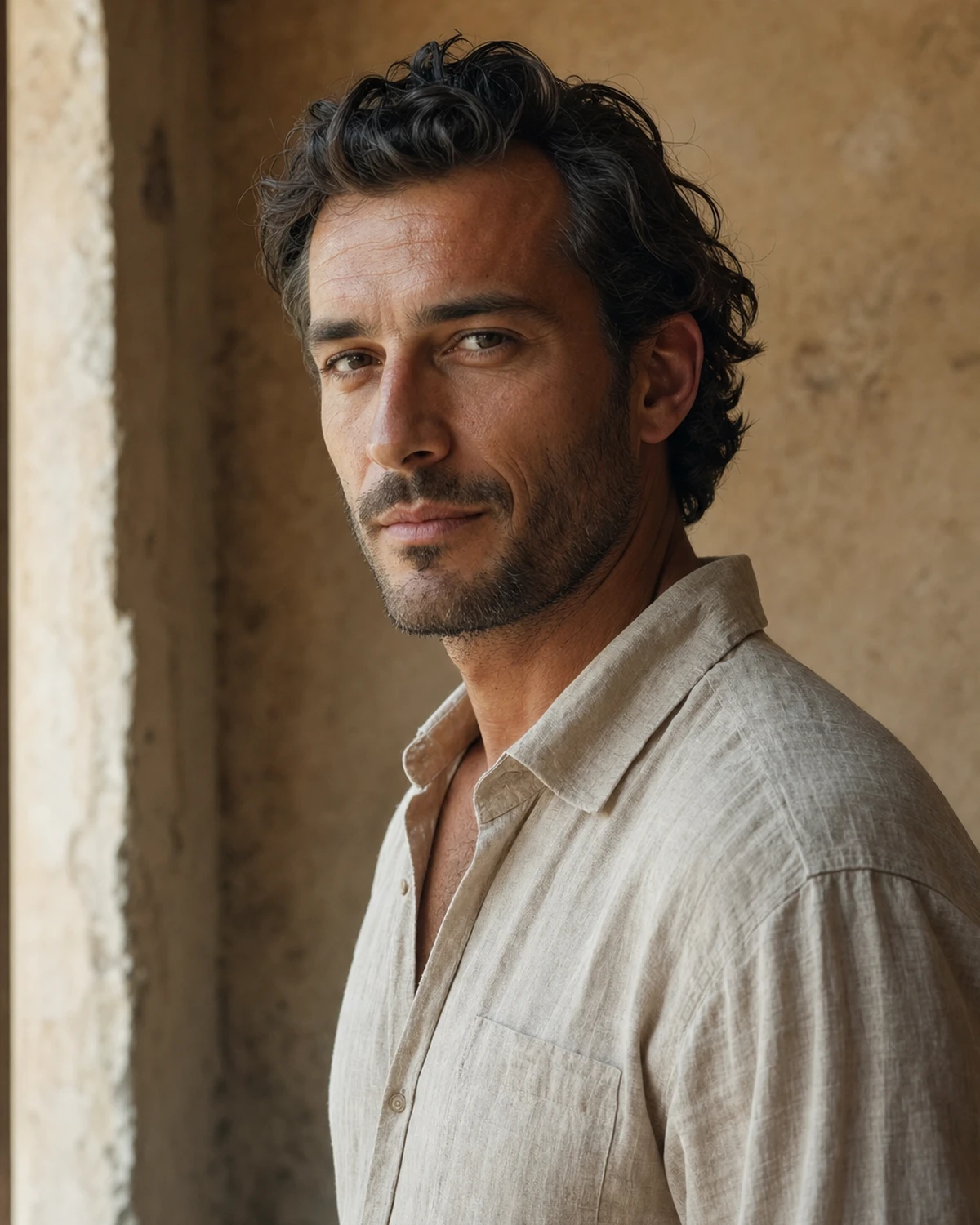 Illustrative scene of an outdoor portrait, natural light, stone background, natural expression.