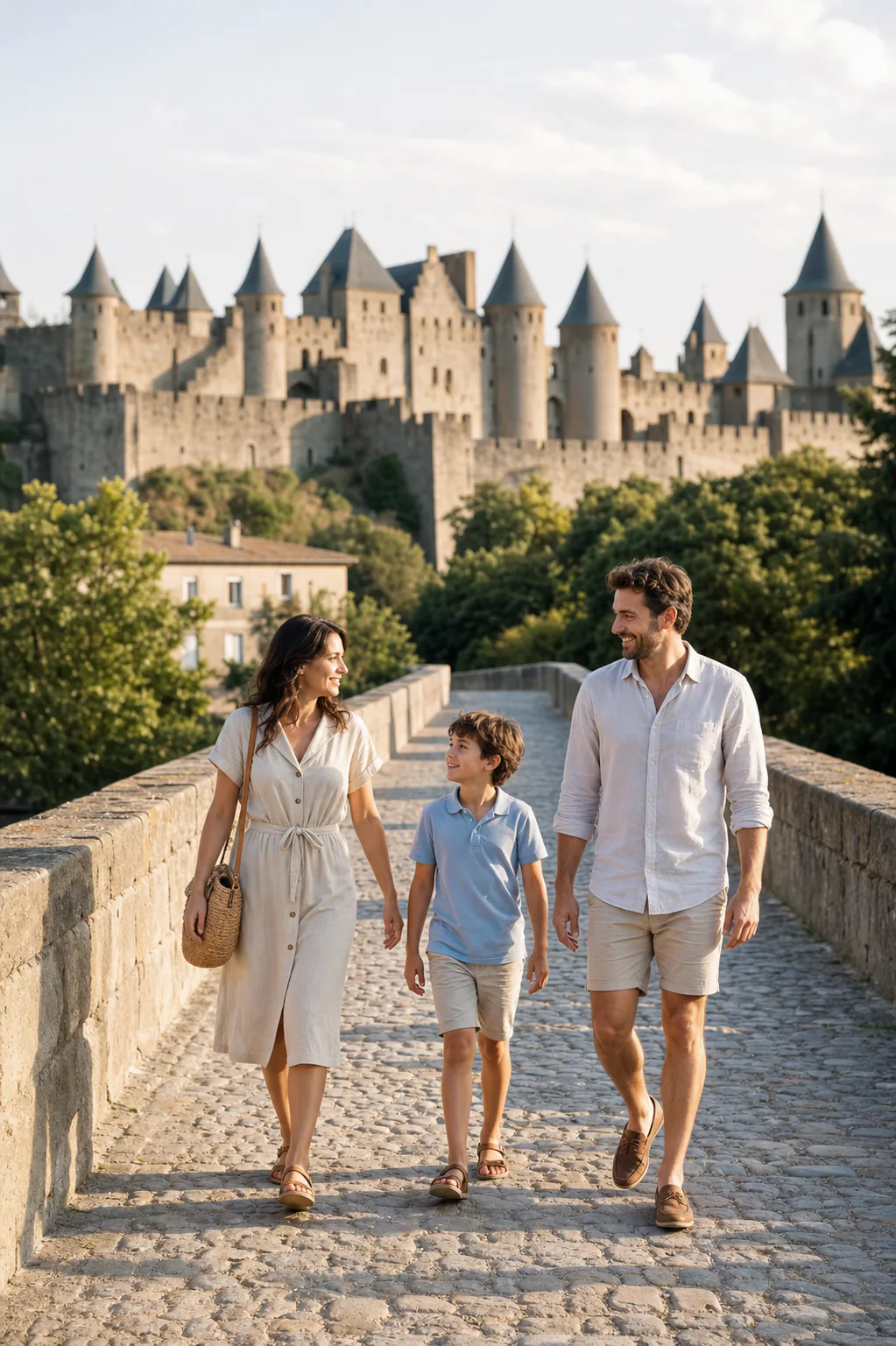 Illustrative scene of a travelling family walking on the Pont Vieux in front of the medieval city of Carcassonne.