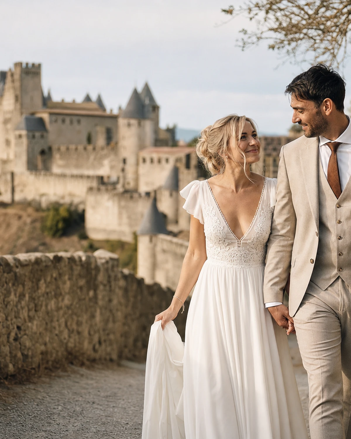 Illustrative scene of a couple in wedding attire photographed in a medieval city alleyway.