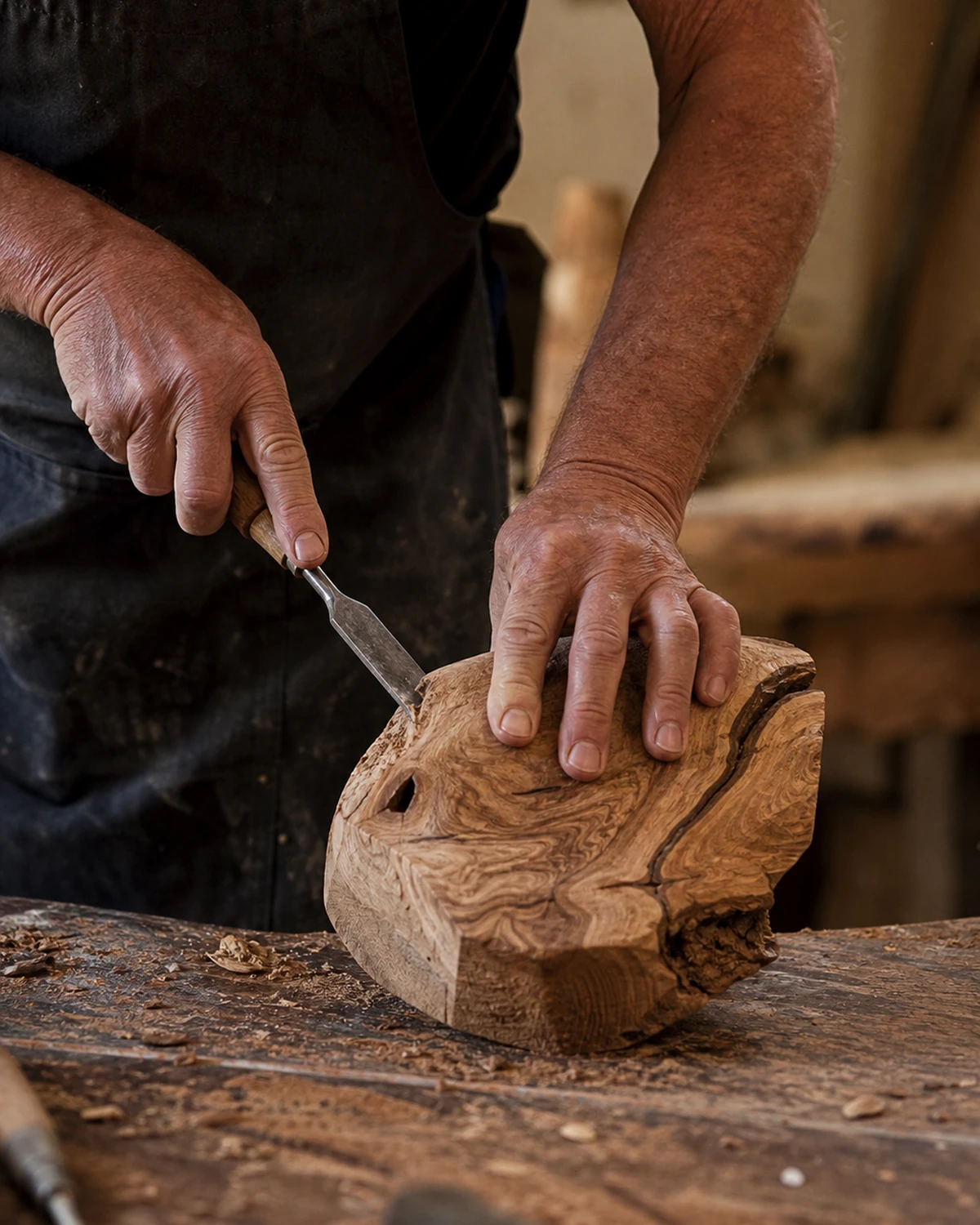 Scène illustrative des mains d'un artisan travaillant le bois dans un atelier éclairé naturellement.