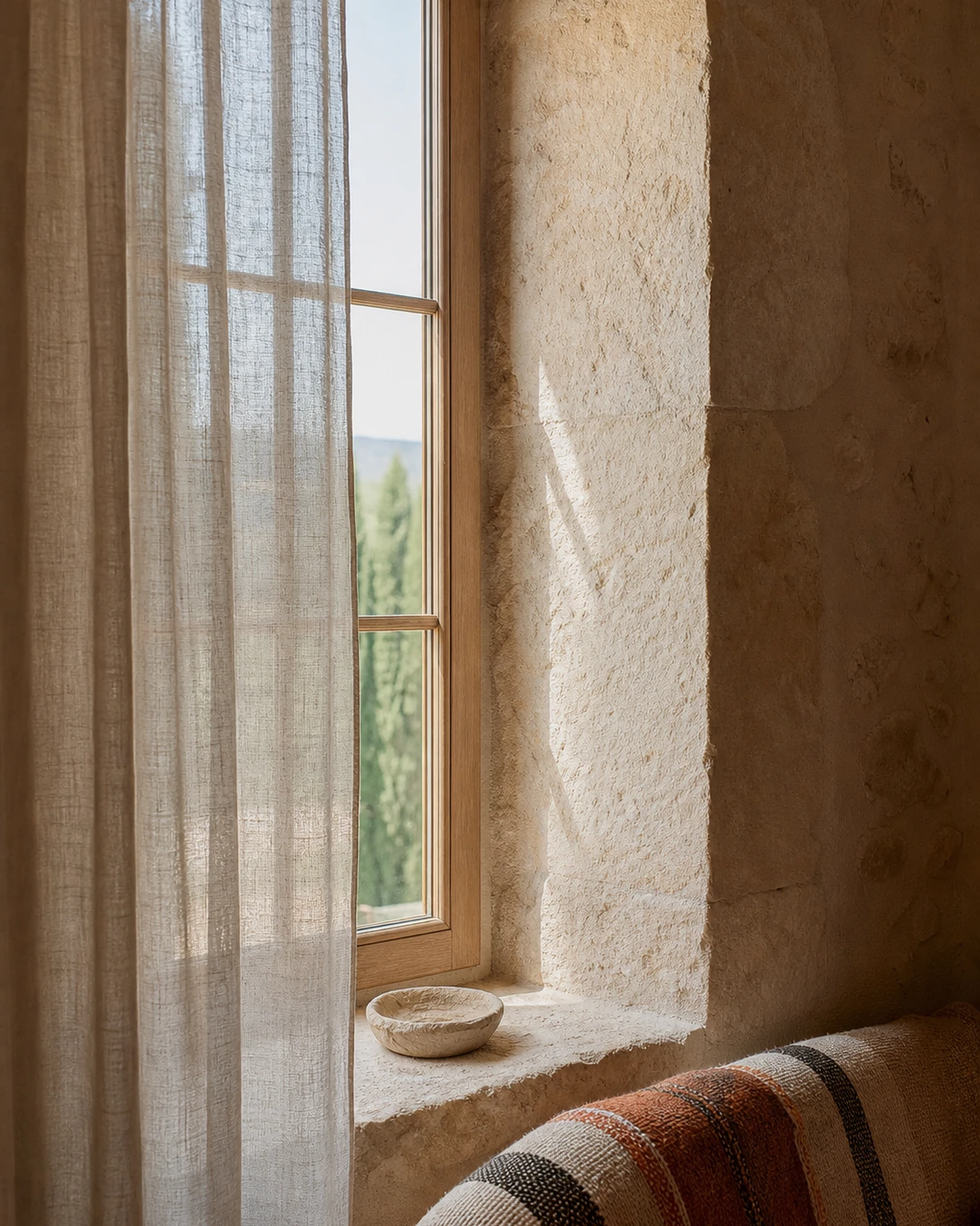 Escena ilustrativa de un detalle de interior, luz a través de una ventana, espacio y textura visibles.