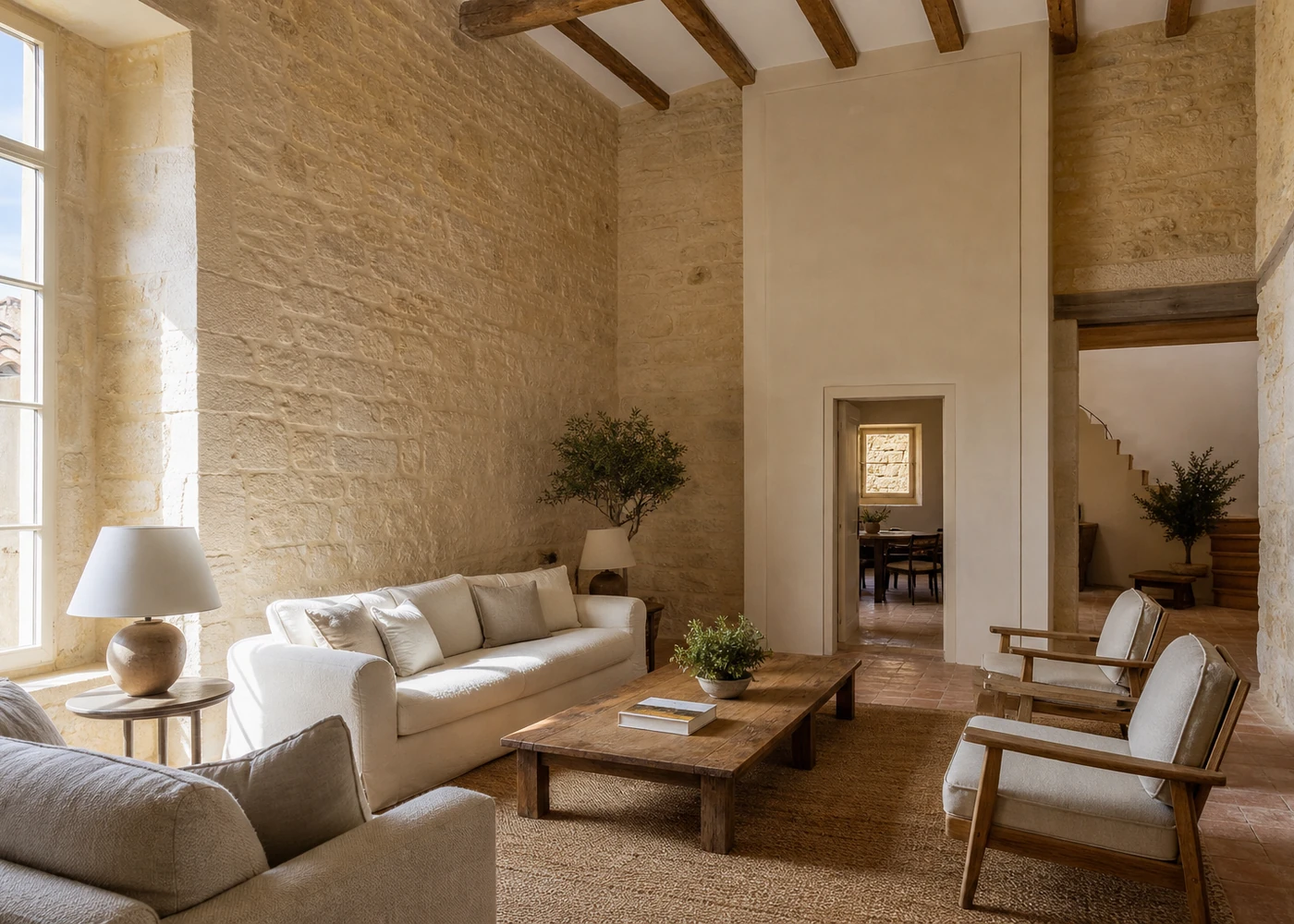 Escena ilustrativa de un interior moderno fotografiado para un anuncio inmobiliario, luz natural, espacios abiertos.