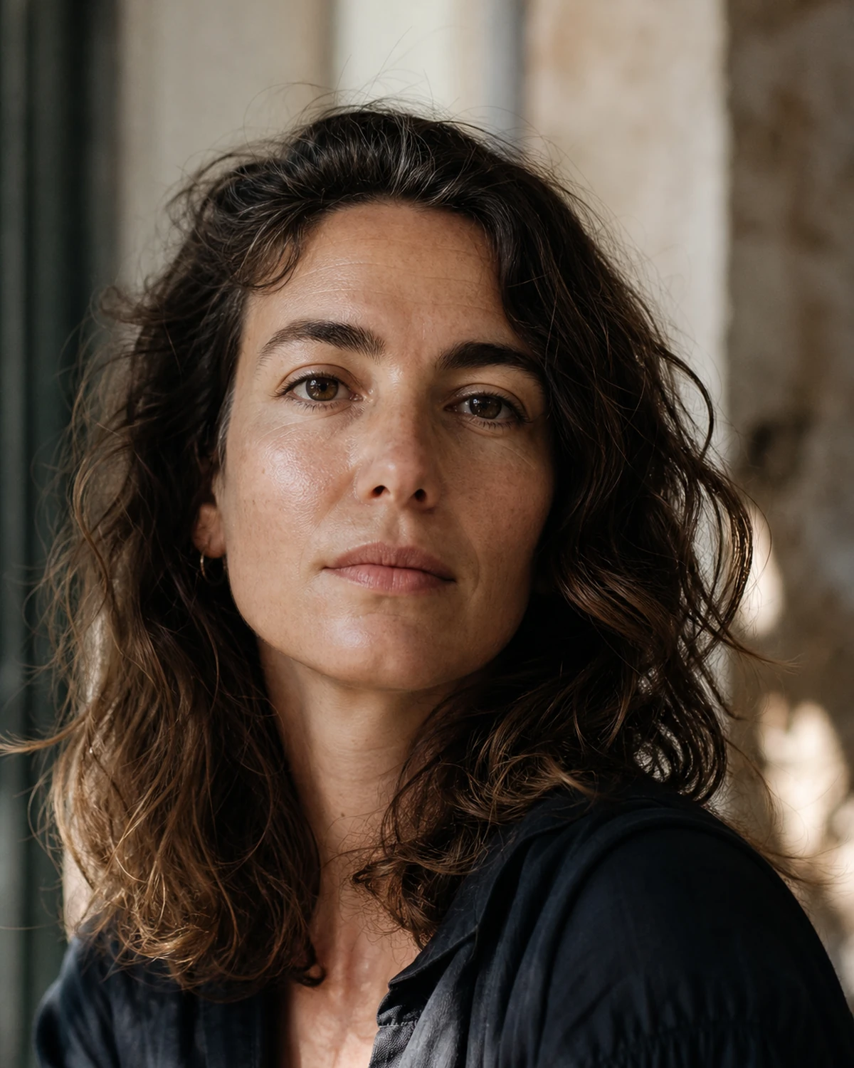 Scène illustrative d'un portrait rapproché au visage naturel, éclairé latéralement avec un fond de pierre doux.