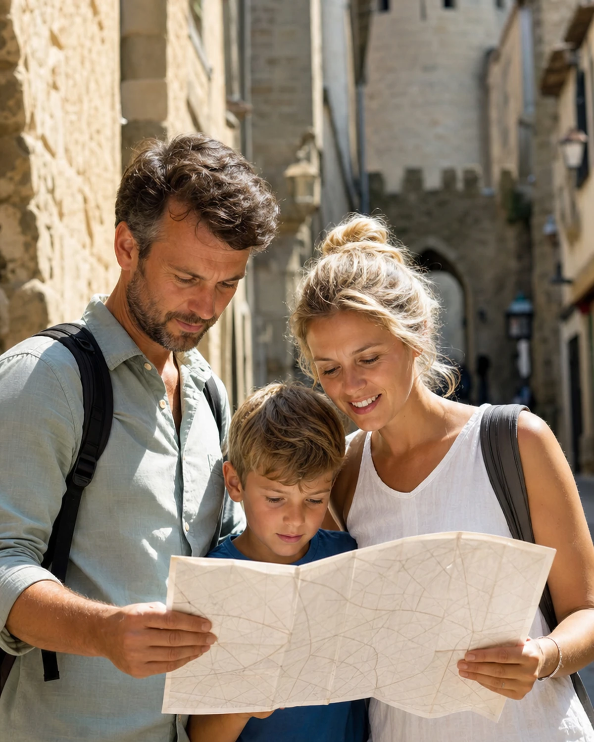 Scène illustrative d'une famille de voyageurs consultant une carte dans une rue en pierre de Carcassonne.