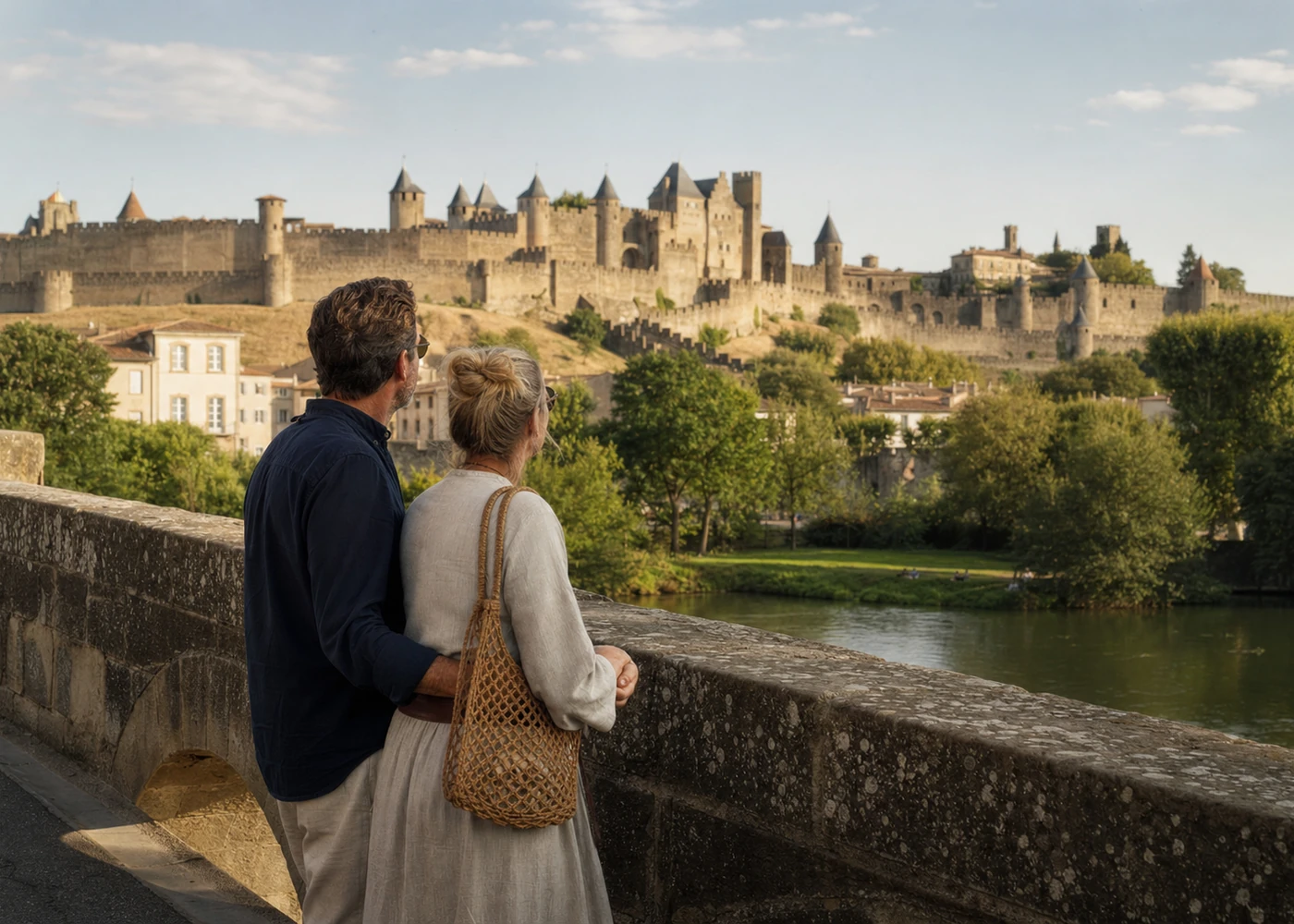 Scène illustrative d'un couple de voyageurs sur le Pont Vieux regardant la Cité médiévale de Carcassonne.