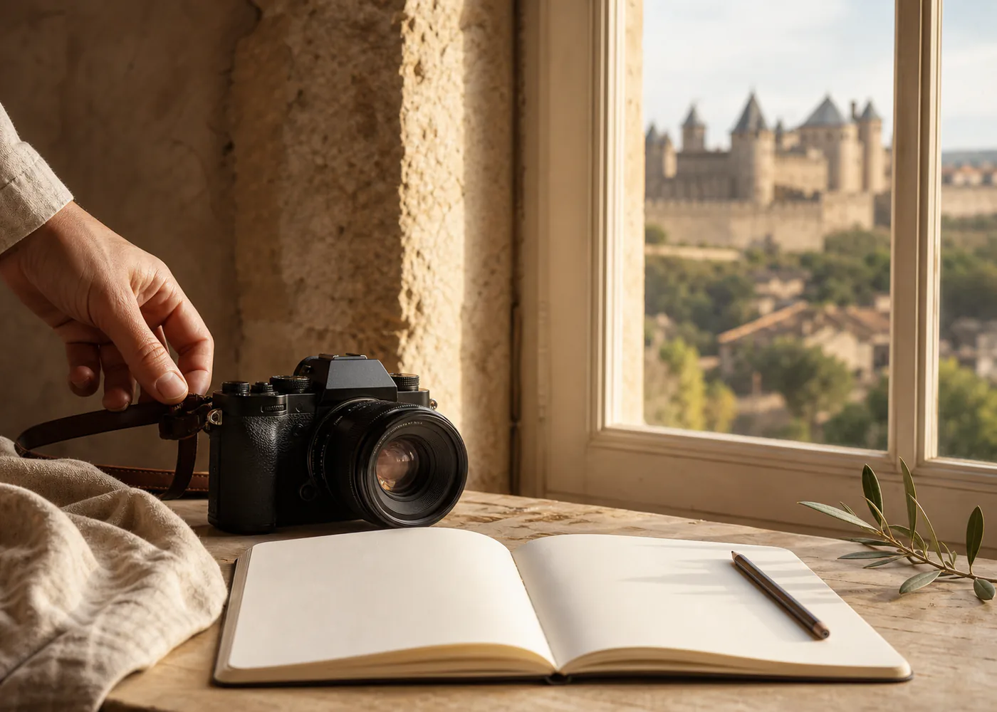 Illustrative scene of a camera and notebook prepared by a window with the medieval city of Carcassonne in the background.