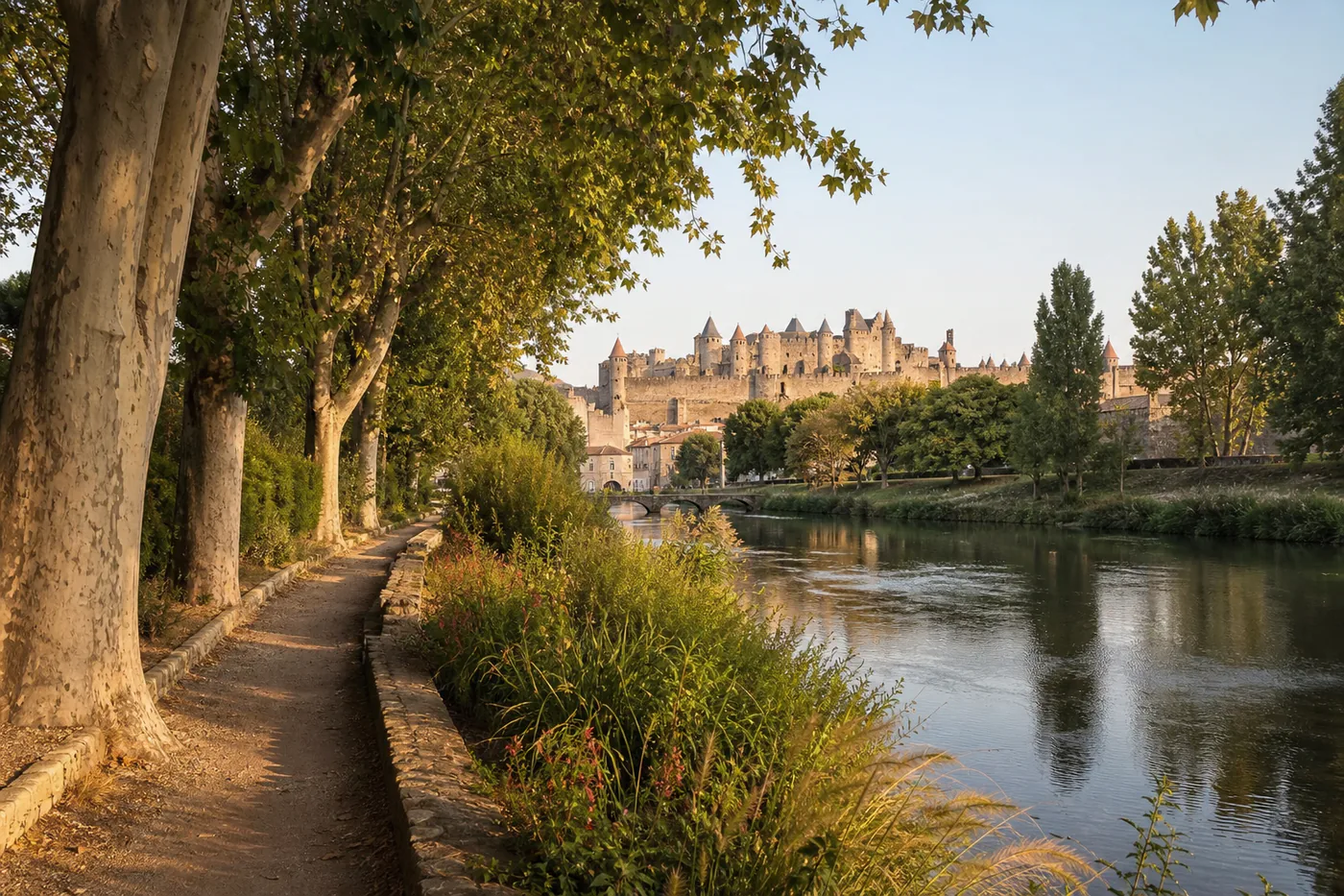 Illustrative scene of the tree-lined Aude riverbanks with the medieval city of Carcassonne in the distance.