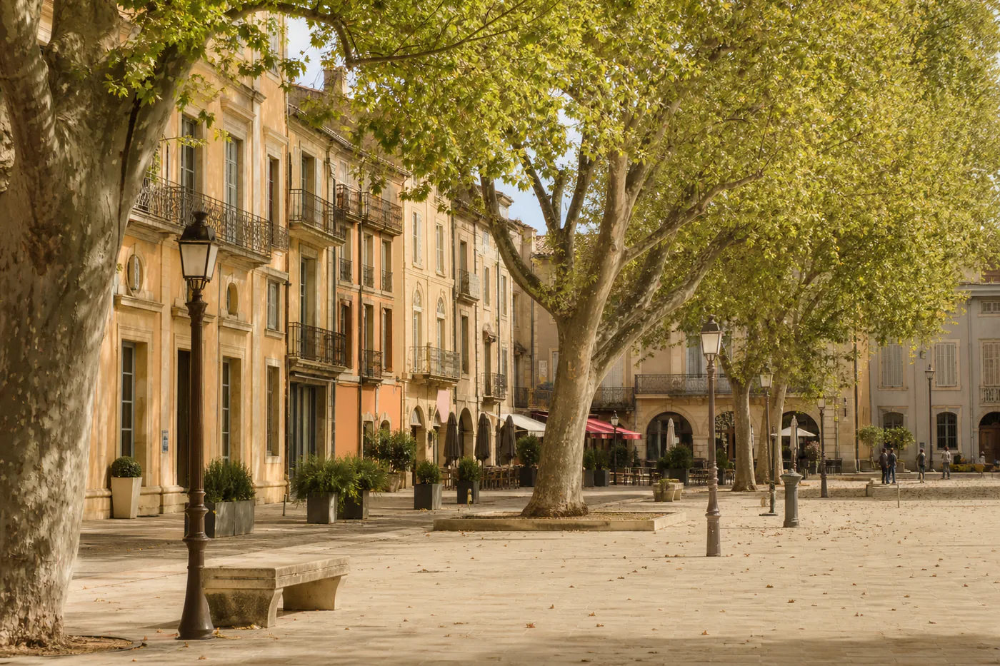 Illustrative scene of a square in Bastide Saint-Louis, Carcassonne, with historic facades and plane trees.