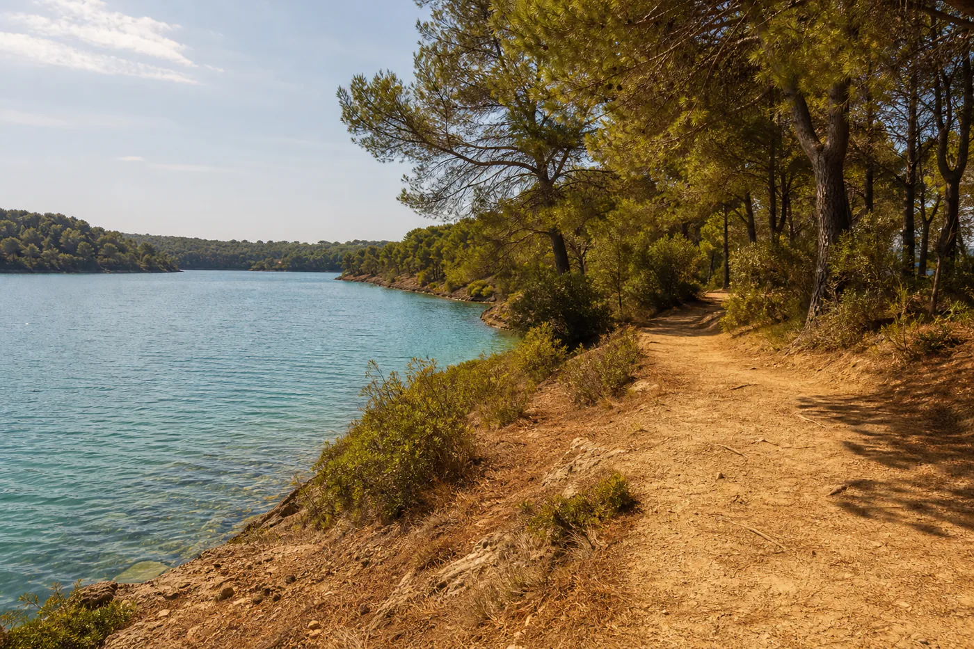 Illustrative scene of Lac de la Cavayère and its wooded shores near Carcassonne.
