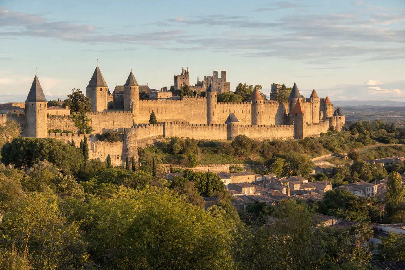 Illustrative scene of the ramparts and towers of the medieval city of Carcassonne in realistic golden light.
