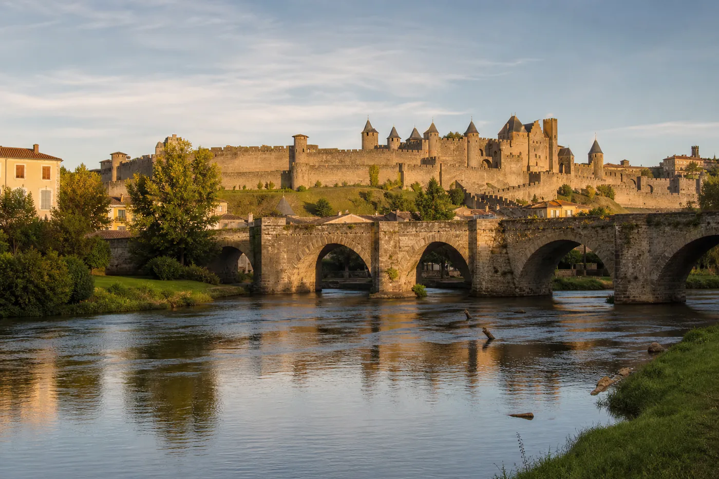 Illustrative scene of the Pont Vieux over the Aude with the medieval city of Carcassonne behind it.